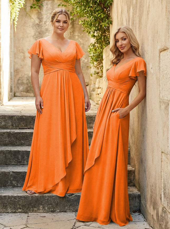 Chiffon V Neck Corset Pleated Bridesmaid Dresses