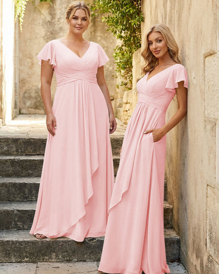 Chiffon V Neck Corset Pleated Bridesmaid Dresses