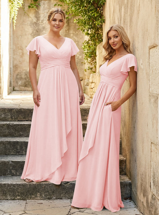 Chiffon V Neck Corset Pleated Bridesmaid Dresses