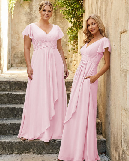 Chiffon V Neck Corset Pleated Bridesmaid Dresses