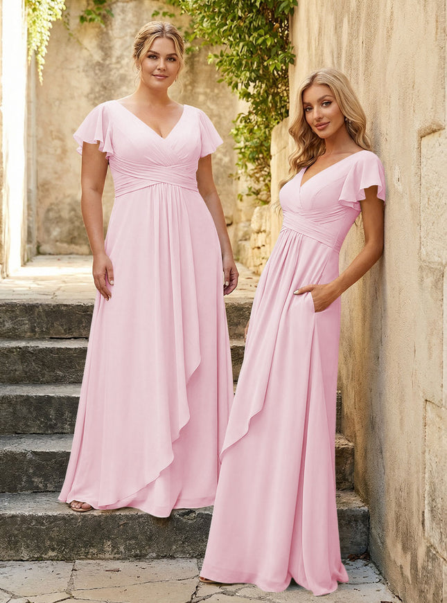 Chiffon V Neck Corset Pleated Bridesmaid Dresses