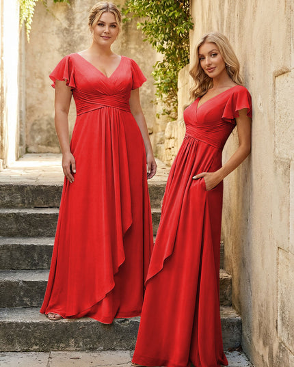 Chiffon V Neck Corset Pleated Bridesmaid Dresses