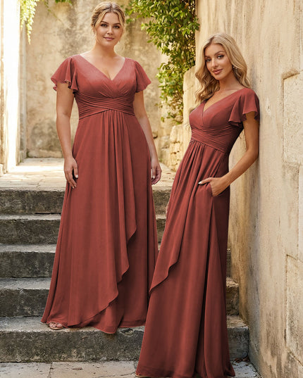 Chiffon V Neck Corset Pleated Bridesmaid Dresses