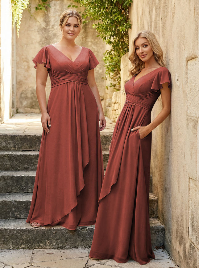Chiffon V Neck Corset Pleated Bridesmaid Dresses