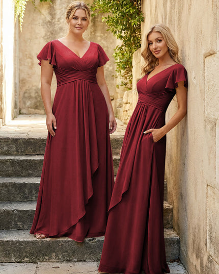 Chiffon V Neck Corset Pleated Bridesmaid Dresses