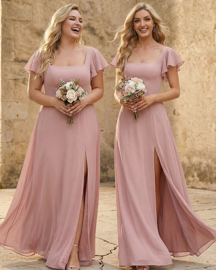 Chiffon Square Neck Corset Bridesmaid Dresses with Slit