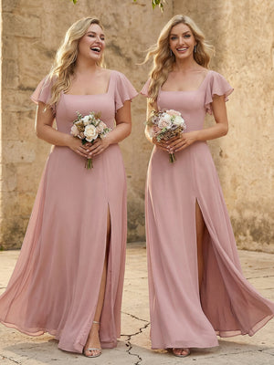 Chiffon Square Neck Corset Bridesmaid Dresses with Slit