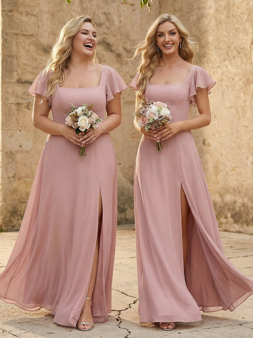 Chiffon Square Neck Corset Bridesmaid Dresses with Slit