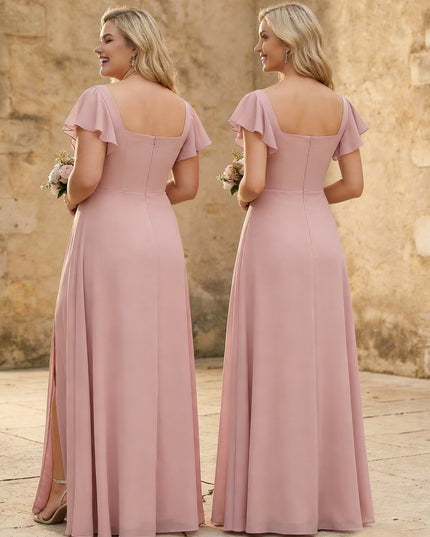 Chiffon Square Neck Corset Bridesmaid Dresses with Slit