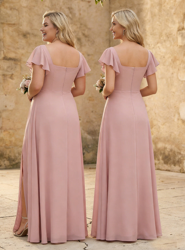 Chiffon Square Neck Corset Bridesmaid Dresses with Slit