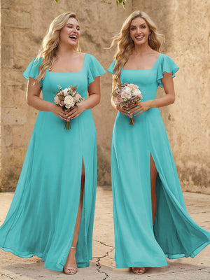 Chiffon Square Neck Corset Bridesmaid Dresses with Slit