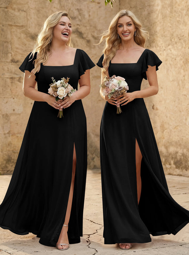 Chiffon Square Neck Corset Bridesmaid Dresses with Slit