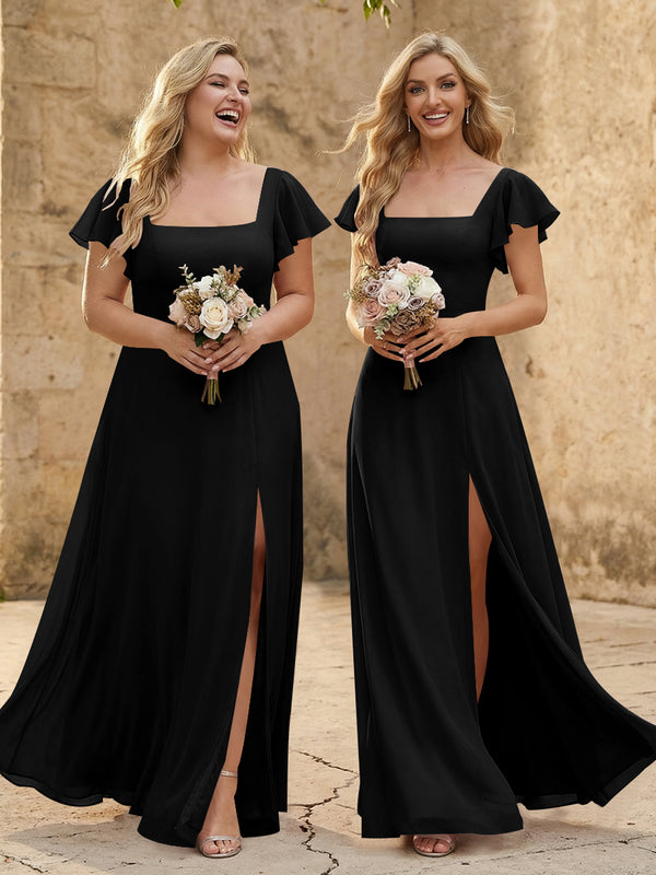 Chiffon Square Neck Corset Bridesmaid Dresses with Slit