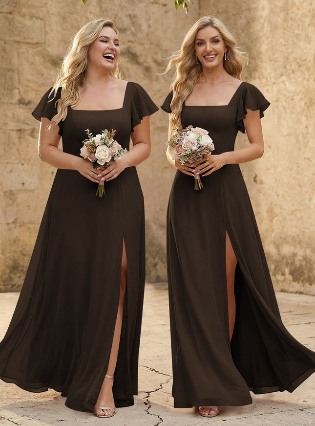 Chiffon Square Neck Corset Bridesmaid Dresses with Slit
