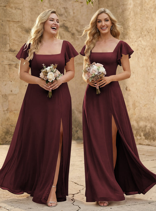 Chiffon Square Neck Corset Bridesmaid Dresses with Slit