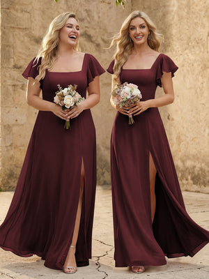 Chiffon Square Neck Corset Bridesmaid Dresses with Slit