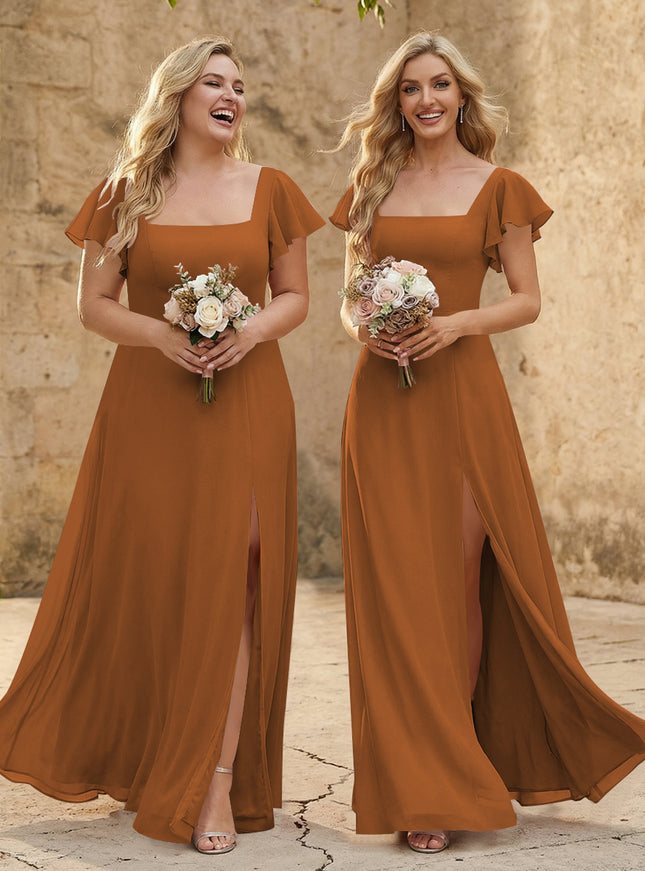 Chiffon Square Neck Corset Bridesmaid Dresses with Slit