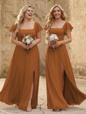 Chiffon Square Neck Corset Bridesmaid Dresses with Slit