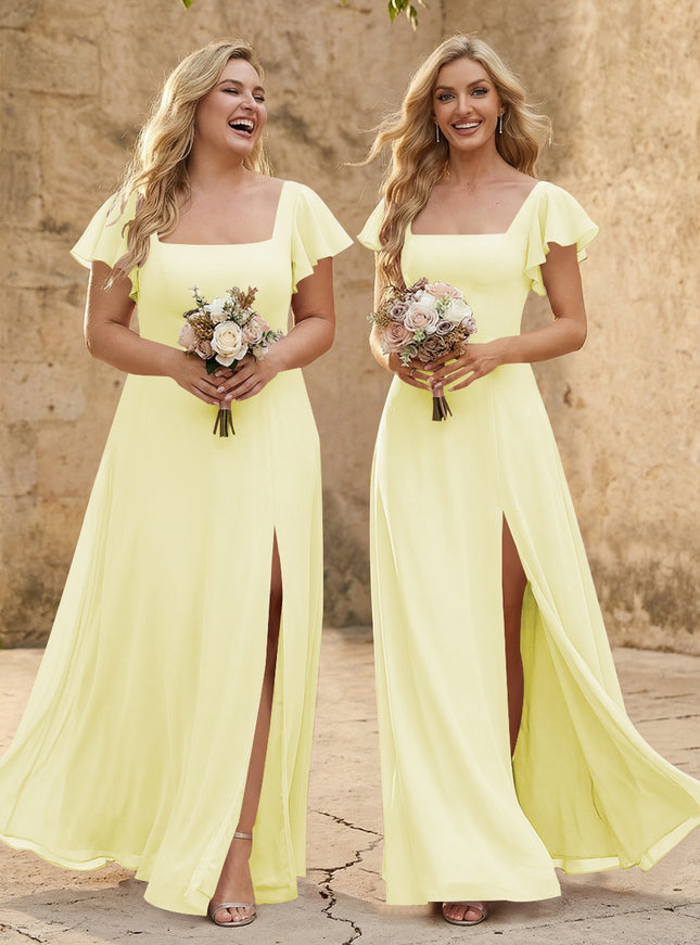 Chiffon Square Neck Corset Bridesmaid Dresses with Slit
