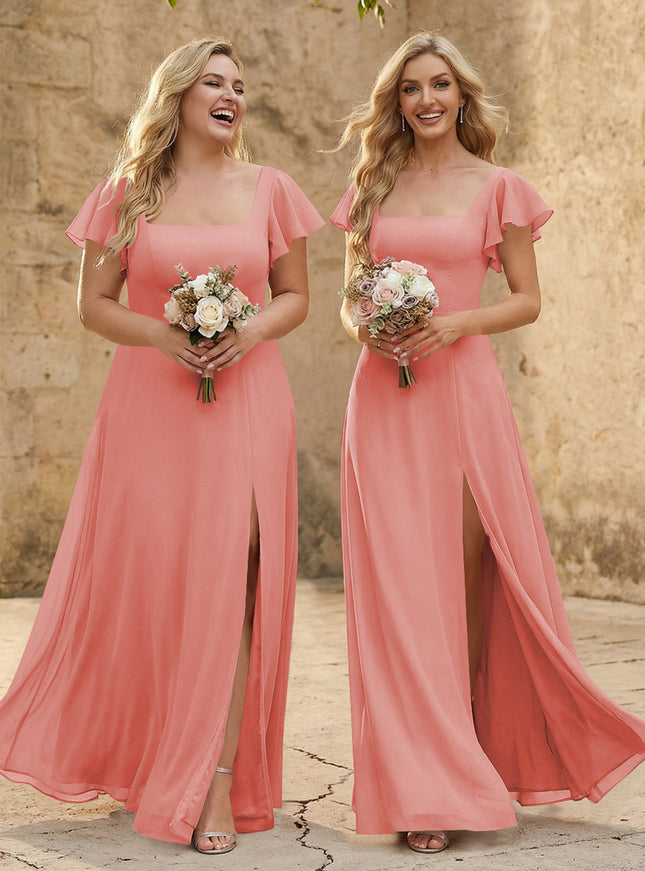 Chiffon Square Neck Corset Bridesmaid Dresses with Slit