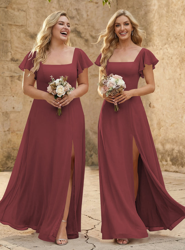 Chiffon Square Neck Corset Bridesmaid Dresses with Slit