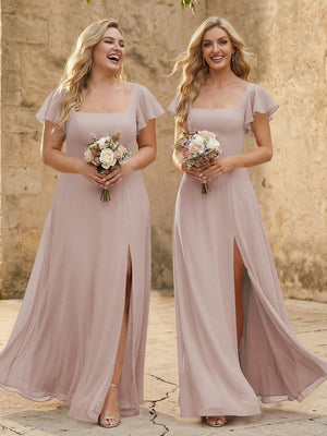 Chiffon Square Neck Corset Bridesmaid Dresses with Slit