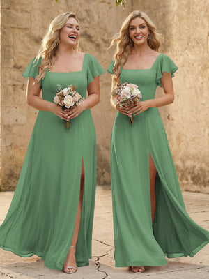 Chiffon Square Neck Corset Bridesmaid Dresses with Slit
