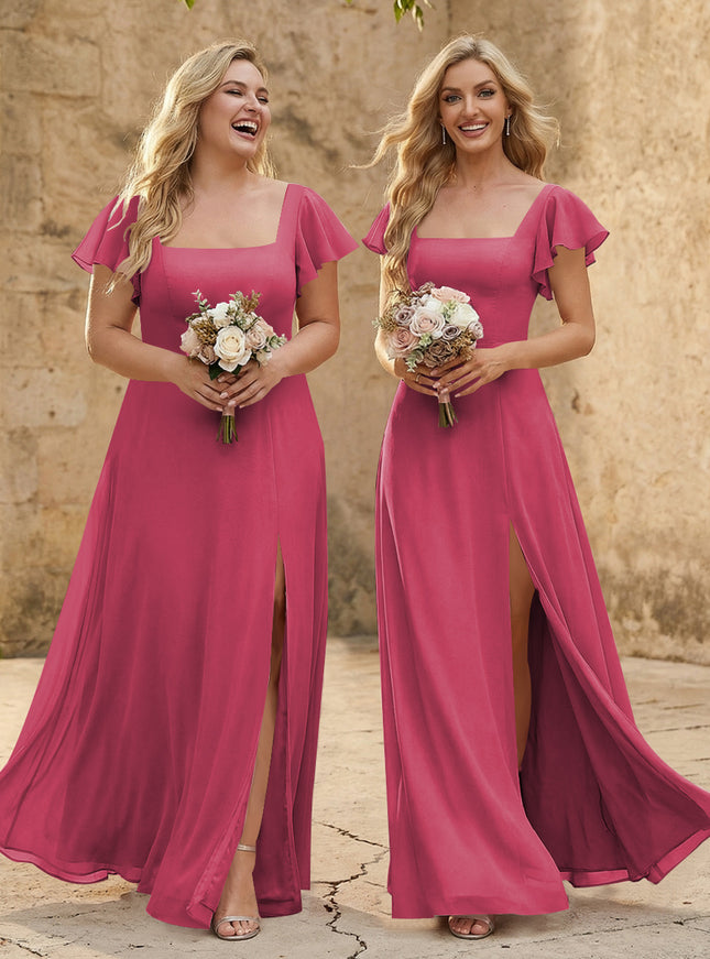 Chiffon Square Neck Corset Bridesmaid Dresses with Slit