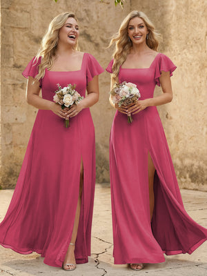 Chiffon Square Neck Corset Bridesmaid Dresses with Slit