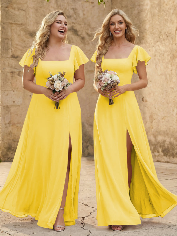 Chiffon Square Neck Corset Bridesmaid Dresses with Slit