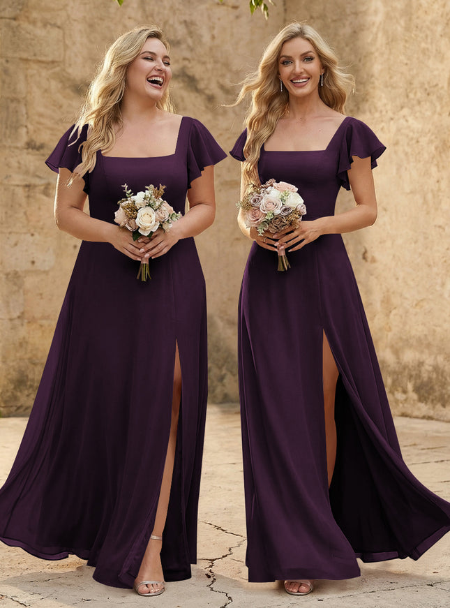Chiffon Square Neck Corset Bridesmaid Dresses with Slit