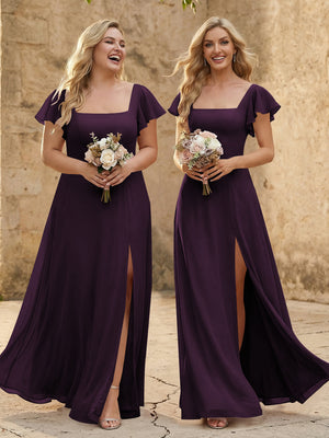 Chiffon Square Neck Corset Bridesmaid Dresses with Slit
