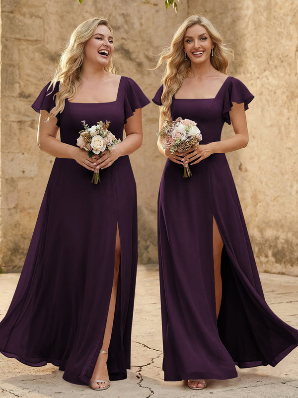 Chiffon Square Neck Corset Bridesmaid Dresses with Slit