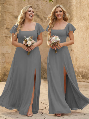 Chiffon Square Neck Corset Bridesmaid Dresses with Slit