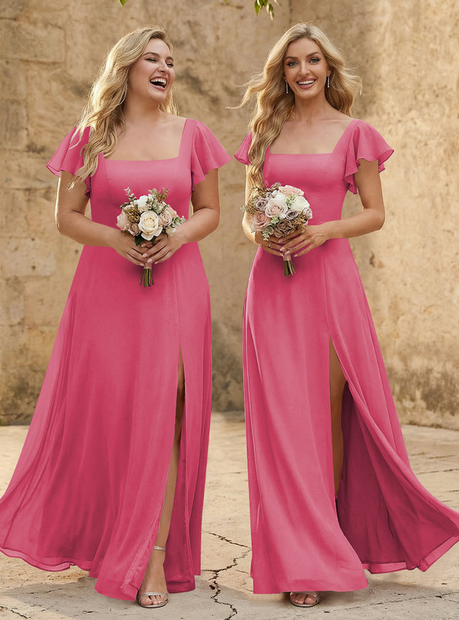 Chiffon Square Neck Corset Bridesmaid Dresses with Slit