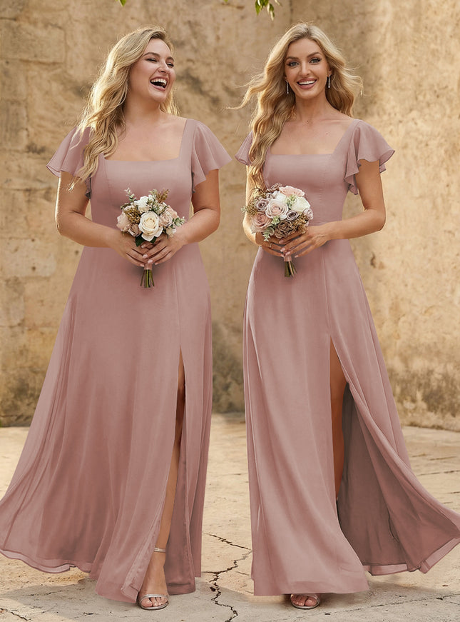 Chiffon Square Neck Corset Bridesmaid Dresses with Slit