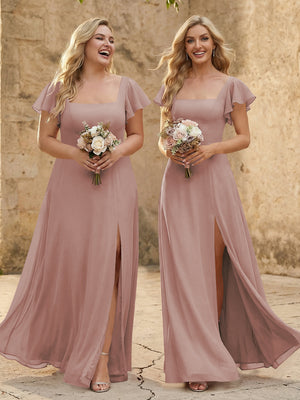 Chiffon Square Neck Corset Bridesmaid Dresses with Slit