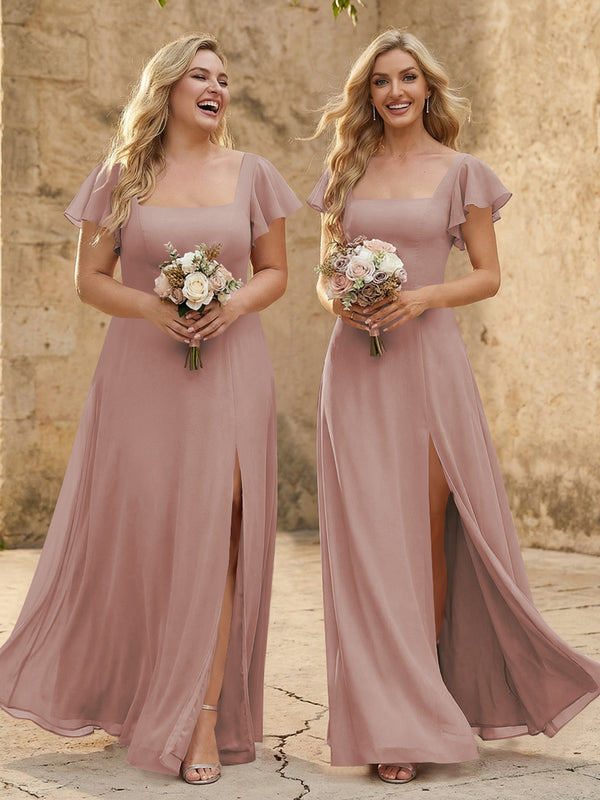 Chiffon Square Neck Corset Bridesmaid Dresses with Slit