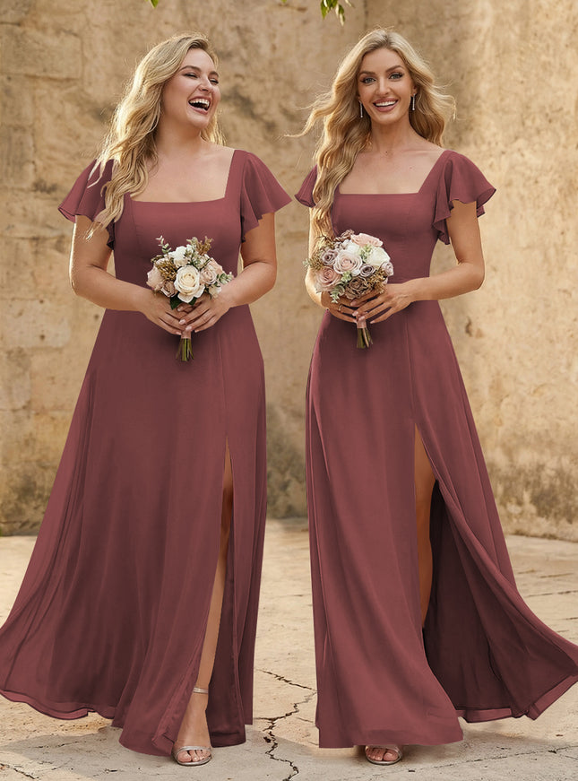 Chiffon Square Neck Corset Bridesmaid Dresses with Slit