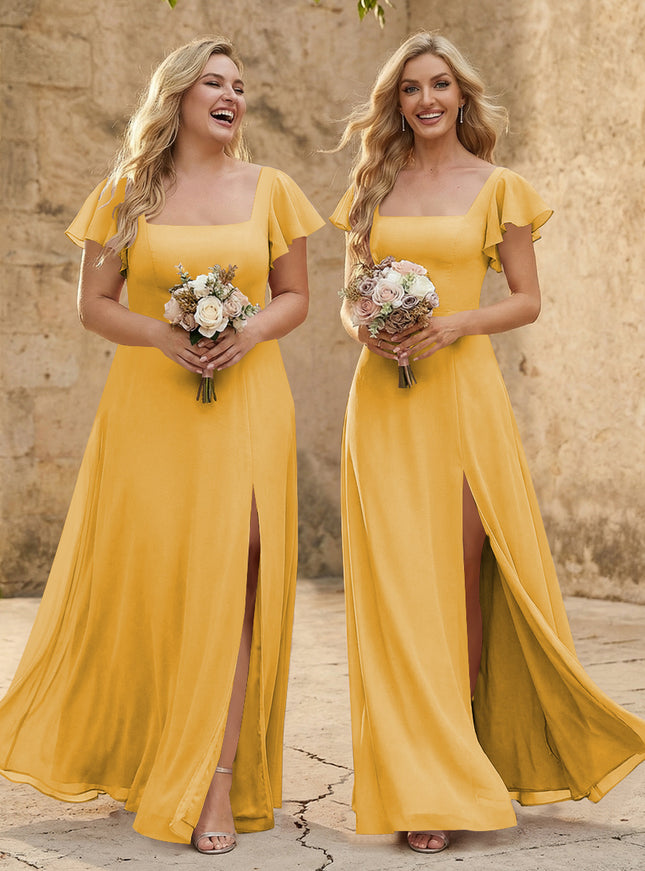 Chiffon Square Neck Corset Bridesmaid Dresses with Slit