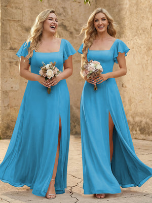 Chiffon Square Neck Corset Bridesmaid Dresses with Slit