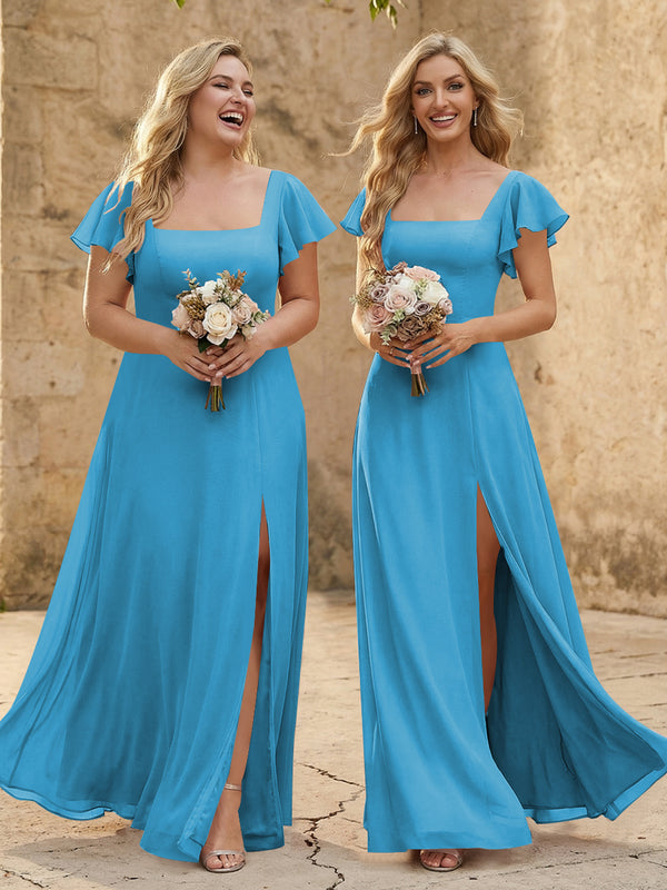 Chiffon Square Neck Corset Bridesmaid Dresses with Slit