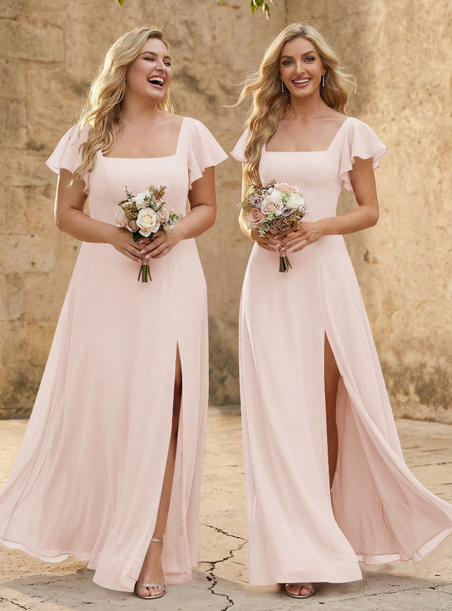 Chiffon Square Neck Corset Bridesmaid Dresses with Slit