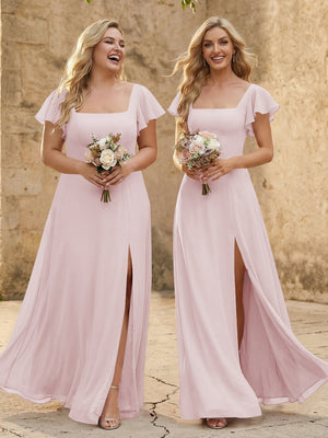 Chiffon Square Neck Corset Bridesmaid Dresses with Slit