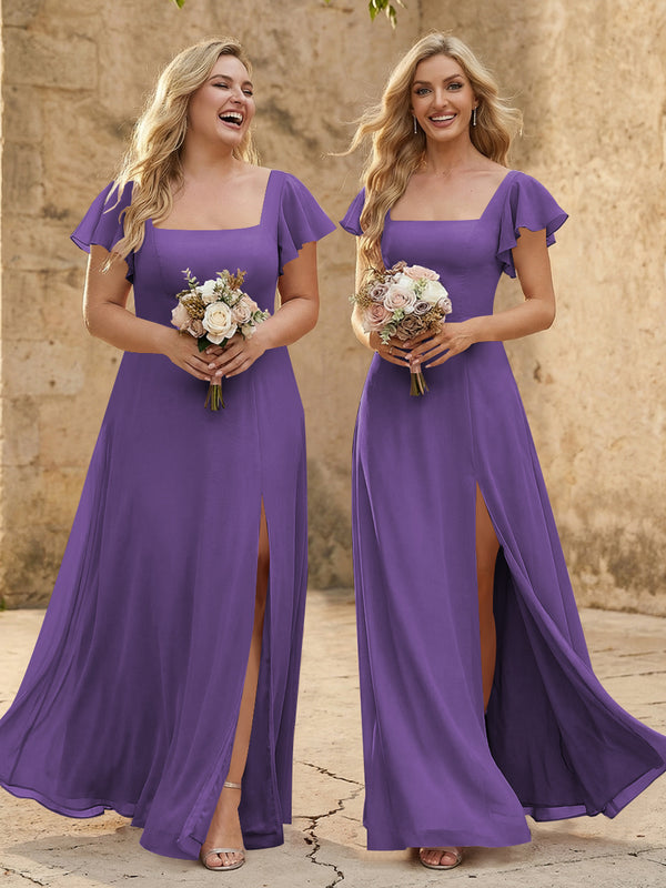 Chiffon Square Neck Corset Bridesmaid Dresses with Slit