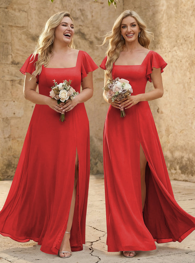 Chiffon Square Neck Corset Bridesmaid Dresses with Slit
