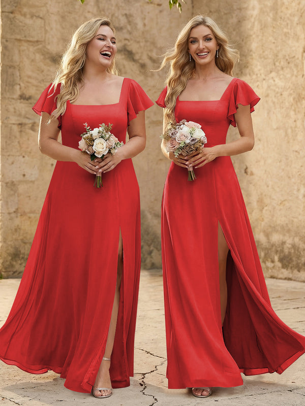 Chiffon Square Neck Corset Bridesmaid Dresses with Slit