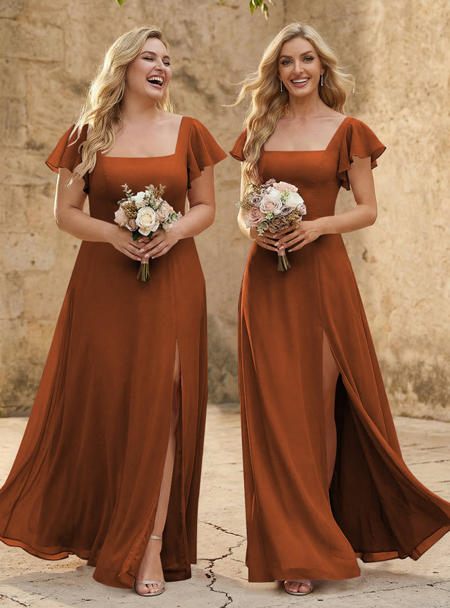 Chiffon Square Neck Corset Bridesmaid Dresses with Slit