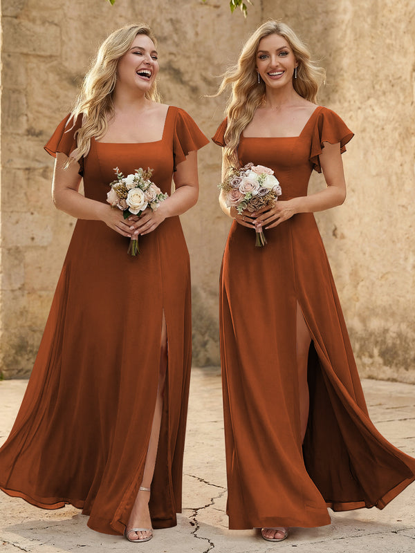 Chiffon Square Neck Corset Bridesmaid Dresses with Slit