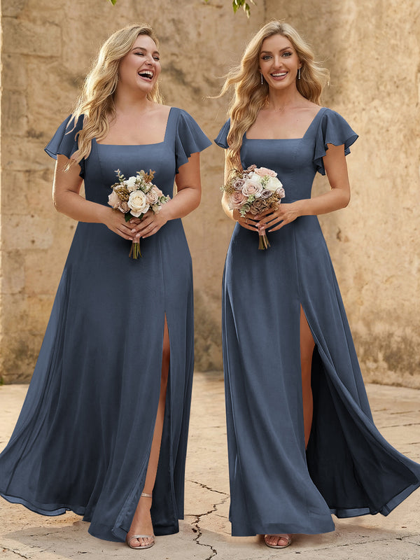 Chiffon Square Neck Corset Bridesmaid Dresses with Slit